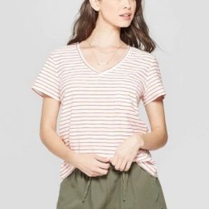 Universal Thread Women’s White Orange Striped V-Neck Short Sleeve T- Shirt - NWT
